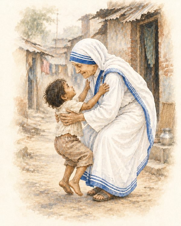 St. Teresa of Calcutta lovingly embracing a small child