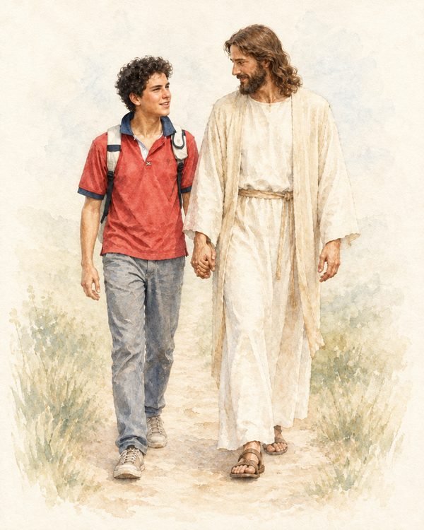 St. Carlo Acutis walking hand in hand with Jesus