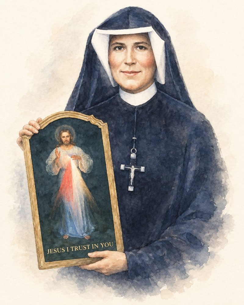 St. Faustina holding the Divine Mercy image