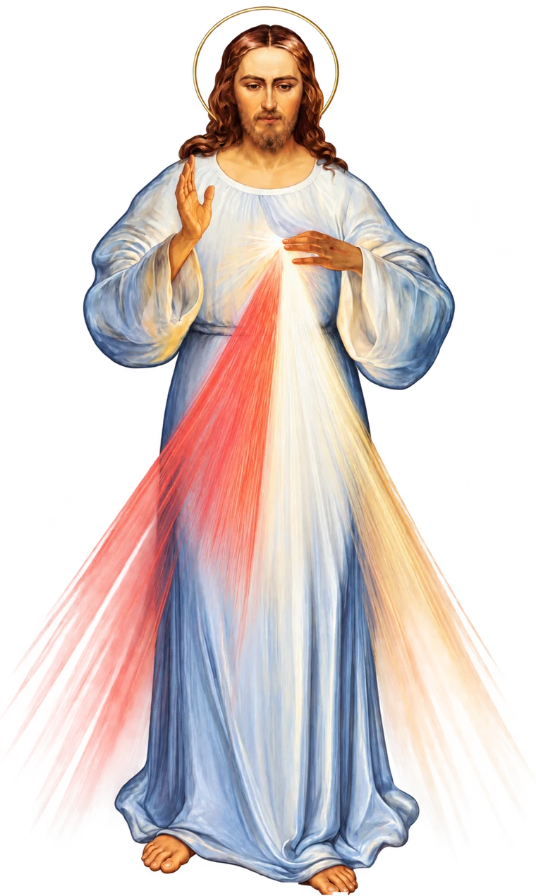 The Divine Mercy image: Jesus raising His hand in blessing, with red and pale rays streaming from His Heart