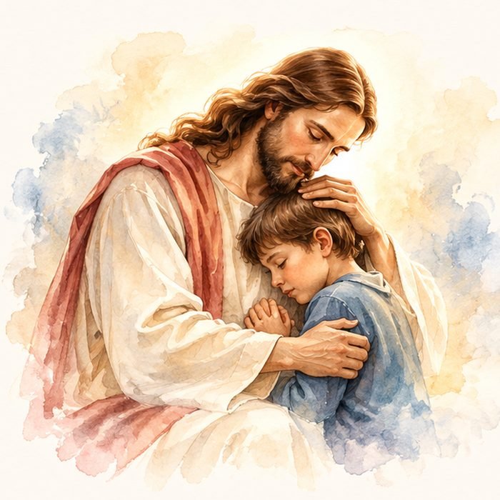 Jesus tenderly embracing a young boy