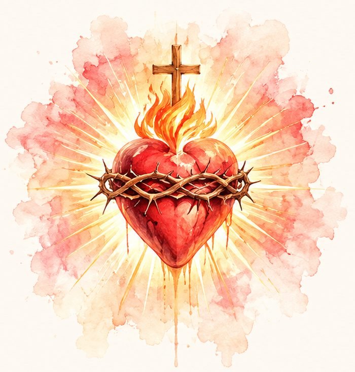 The Sacred Heart of Jesus, crowned with thorns and flames